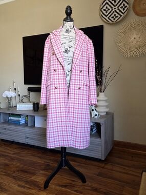 Hoondstooth Pink Double-Breasted Oversuzed Women's Trench Coat